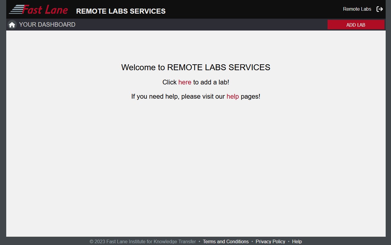 Your Dashboard. Welcome to Remote Labs Services. A largely blank page with an icon to log out and a button to add a lab, both at the top right.