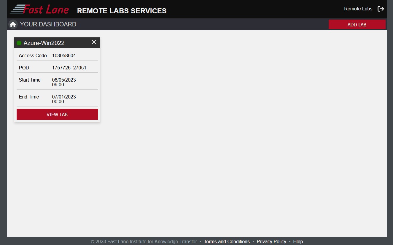 Your Dashboard. A tile with lab information such as title, start and end time, and a View Lab button. At the top right there is an Add Lab button and an icon to log out.