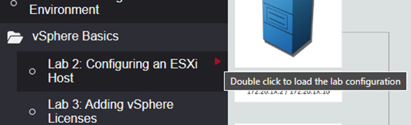 Lab view annotated:Right column: list of exercises. Middle column: picture of device topology. Right column: the lab guide