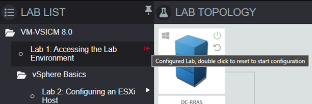 Lab view annotated:Right column: list of exercises. Middle column: picture of device topology. Right column: the lab guide