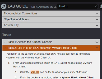 Screenshot of Lab Guide. On right side of the title there is a search field. The search term is highlighted in the lab guide text.