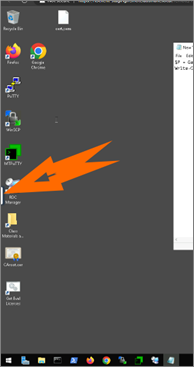 Screenshot of a remote windows desktop. An orange arrow points to a narrow bar at the left border.