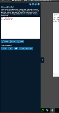 Screenshot of a remote windows desktop with the expanded control bar. It contains a text input field and various buttons for copy, paste and other actions.