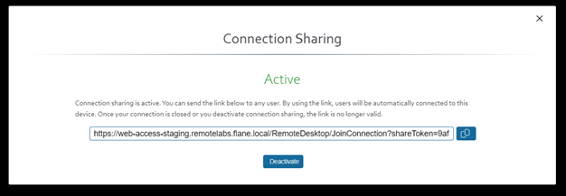 Dialogue box to activate connection sharing with the options to copy the share link or to deactivate sharing.